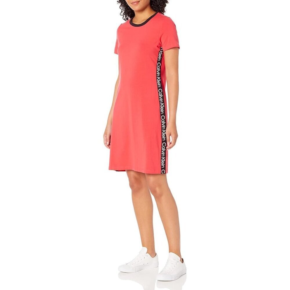Calvin Klein Logo Side Strip Salmon Pink Shirt Dress Women Size Large